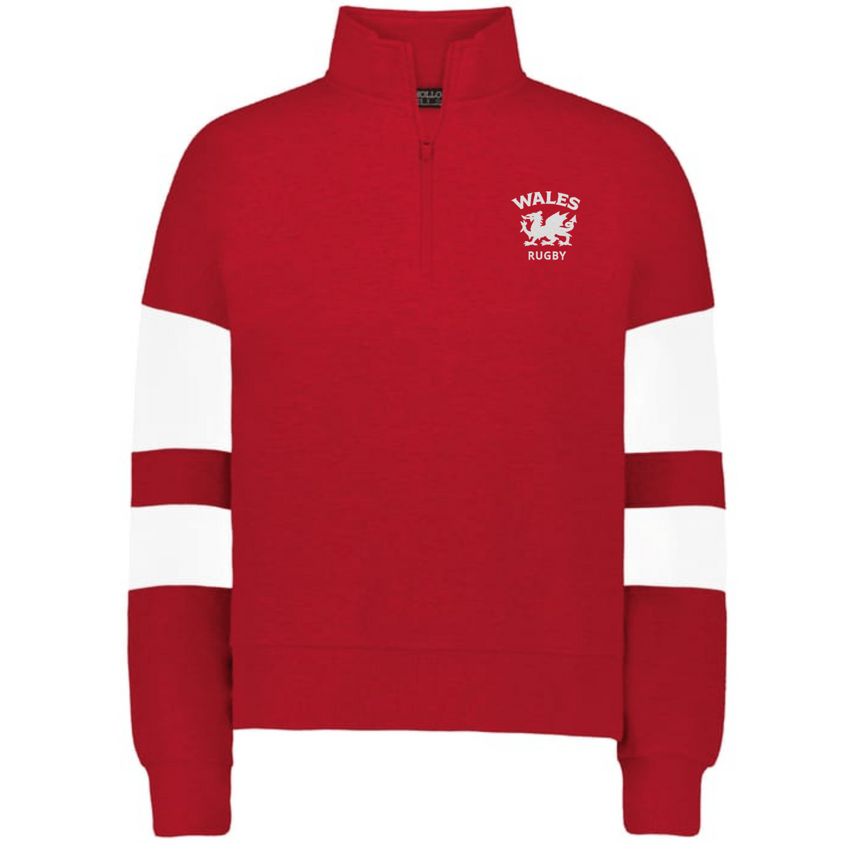 The EMB Augusta Women's Nations of Rugby Wales Jackson Way Pullover is a red cropped quarter-zip fleece with white sleeve stripes and a "Wales Rugby" dragon logo on the upper left chest.