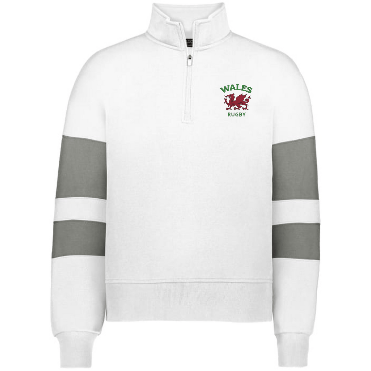 The EMB Augusta Women's Nations of Rugby Wales Jackson Way Pullover is a white cropped quarter-zip fleece with grey sleeve stripes and a red dragon "Wales Rugby" logo, offering sporty style and comfort.