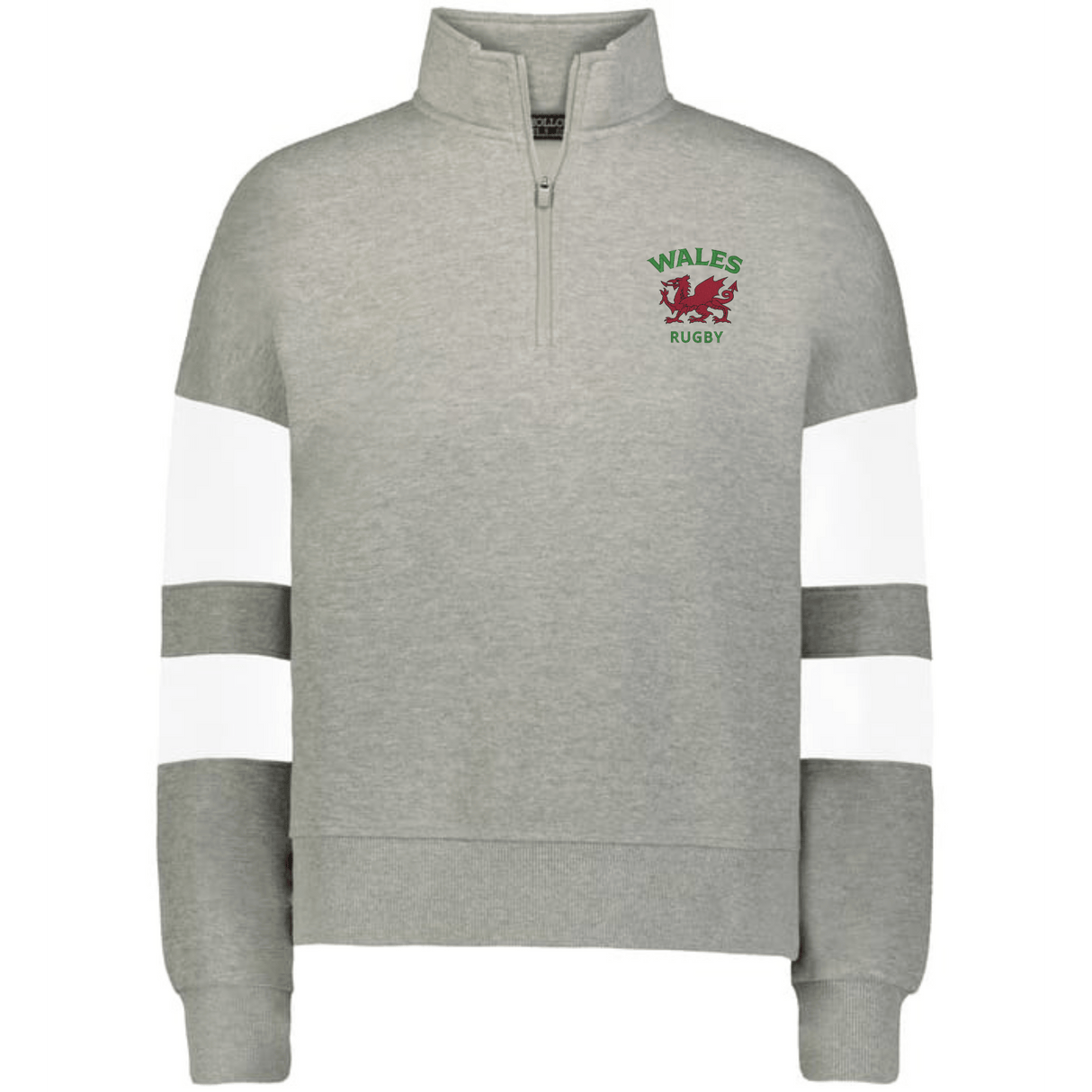 The EMB Augusta Women's Nations of Rugby Wales Jackson Way Pullover is a light grey cropped quarter-zip fleece with "Wales Rugby," a red dragon crest, and white sleeve stripes for style.