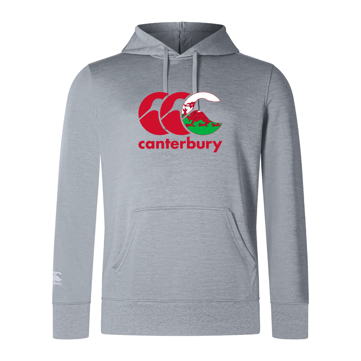 The WRS Canterbury Wales CCC Club Lightweight Hoodie is a gray polyester hoodie with a front logo in red and green, featuring a kangaroo and New Zealand mountain scene. This comfortable hoodie is perfect for any adventure.
