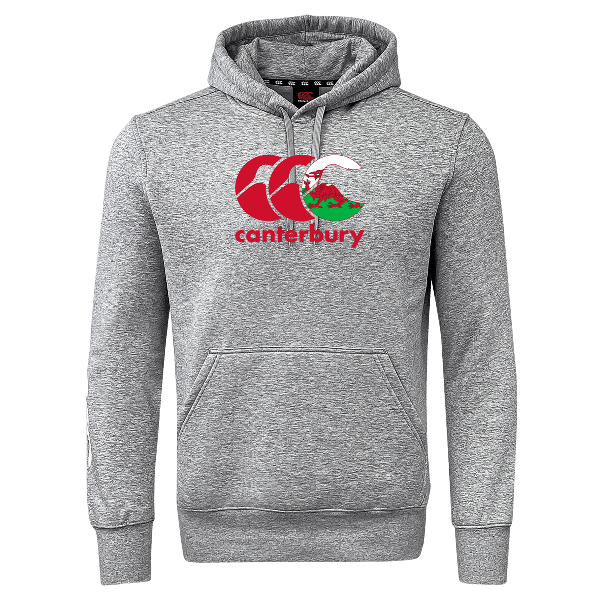 The Canterbury Wales CCC Flag Club Hoodie by WRS Canterbury is gray with a kangaroo pocket and showcases the iconic "Canterbury" logo in red and white on the front.