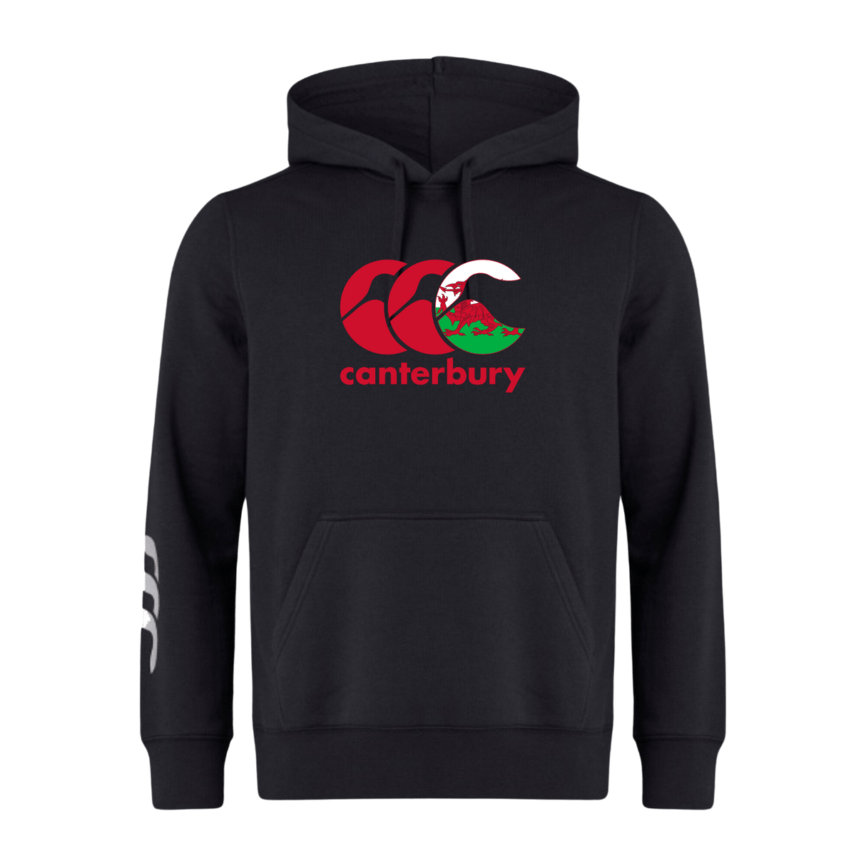 The Black Canterbury Wales CCC Flag Club Hoodie by WRS Canterbury is made of sweatshirt fleece, featuring a striking red and white CCC logo on the chest and bold white stripes on the left sleeve.