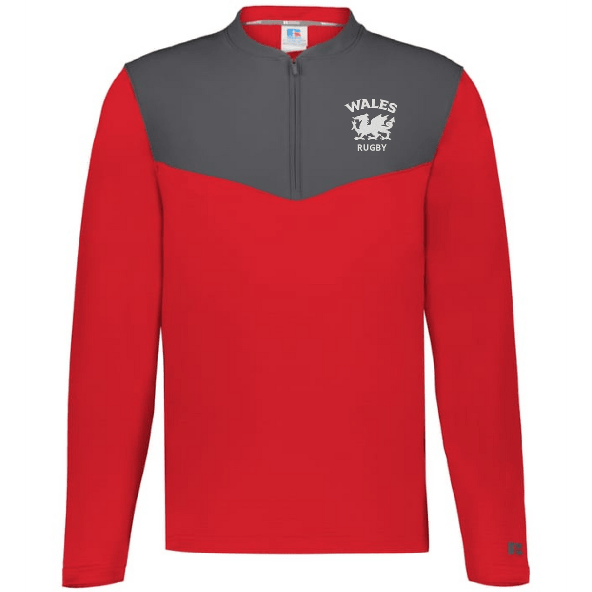 The EMB Augusta Nations of Rugby Wales Sideline Grid 1/4 Zip Pullover is a red and gray long-sleeve top with "WALES RUGBY" logo and emblem on the left chest—ideal supporter gear.
