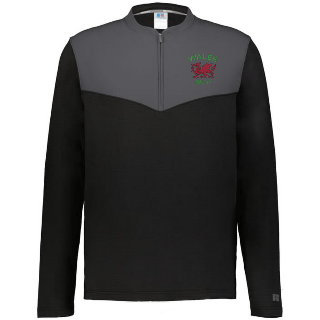 The EMB Augusta Nations of Rugby Wales Sideline Grid 1/4 Zip Pullover features a black and gray design with "Wales Rugby" and a red dragon logo—ideal for fans seeking a stylish and comfortable rugby fleece.