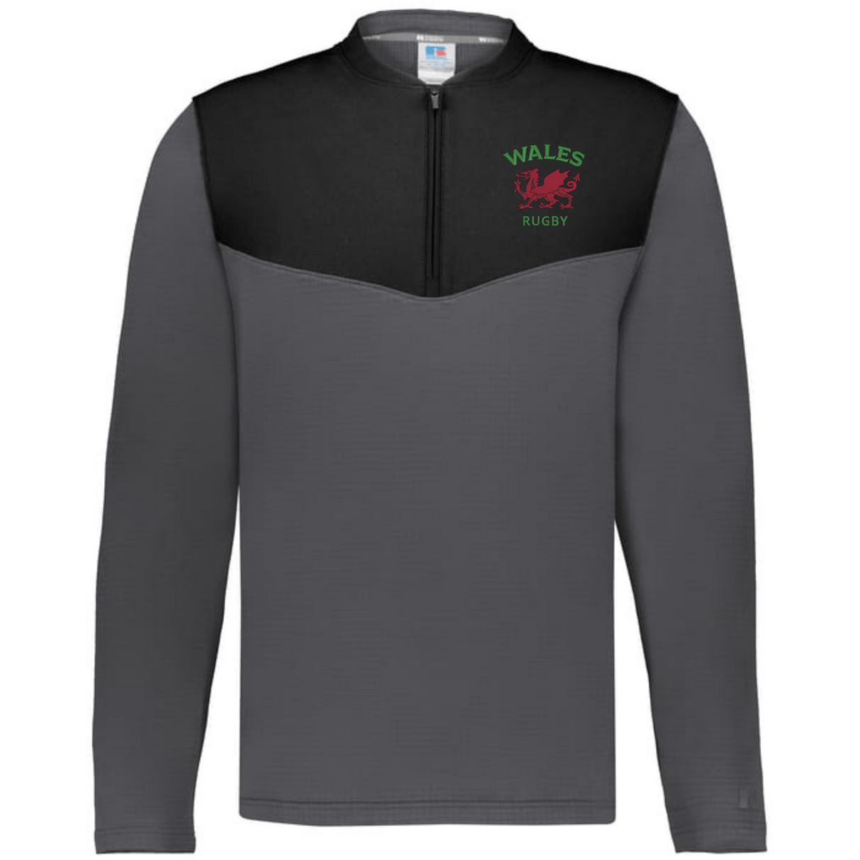 The EMB Augusta Nations of Rugby Wales Sideline Grid 1/4 Zip Pullover features grey and black long sleeves with a "Wales Rugby" logo and red dragon emblem on the left chest—your ideal Wales rugby pullover.