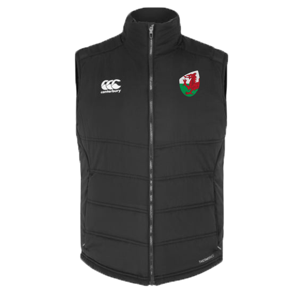 Just In: The Wales Shield Core Gilet by EMB Canterbury in black features a sleek zipper design, adorned with the Canterbury logo and the red dragon emblem of the Wales Shield on the front.