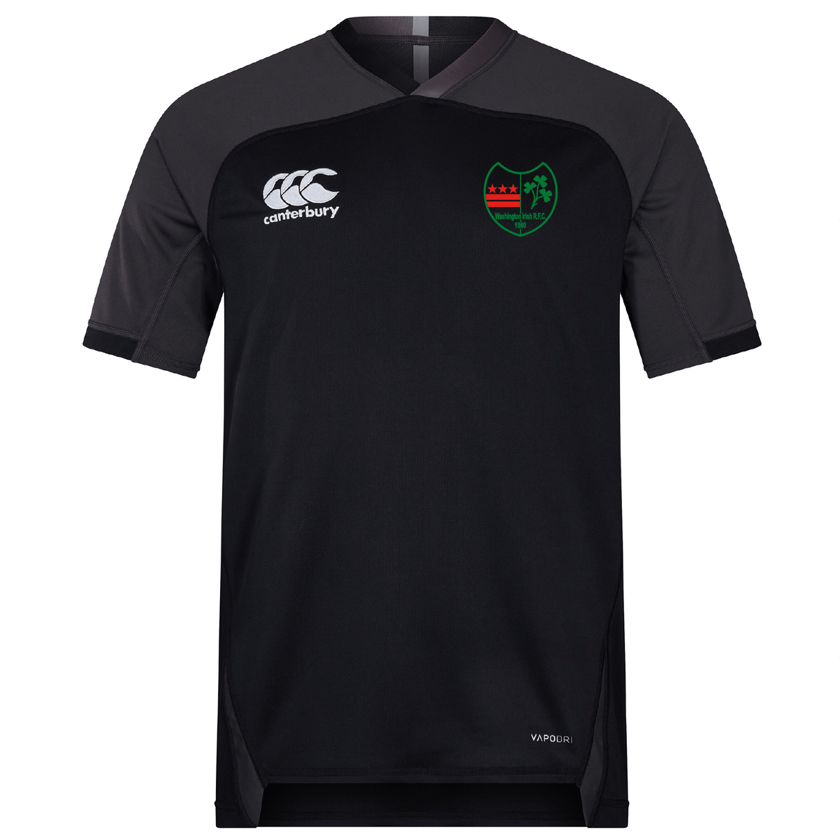 The Washington Irish Rugby Vapodri Evader Jersey by EMB Canterbury blends black short sleeves with moisture-wicking technology, showcasing the Canterbury logo on the left shoulder and a green and red crest on the right chest.