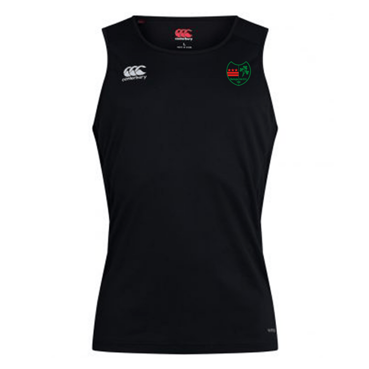 Black sleeveless sports jersey featuring the iconic Canterbury logo and a vibrant green and red emblem on the chest, ideal for pairing with the Washington Irish Rugby Cuffed Hem Stadium Pant by EMB Canterbury for an authentic look.