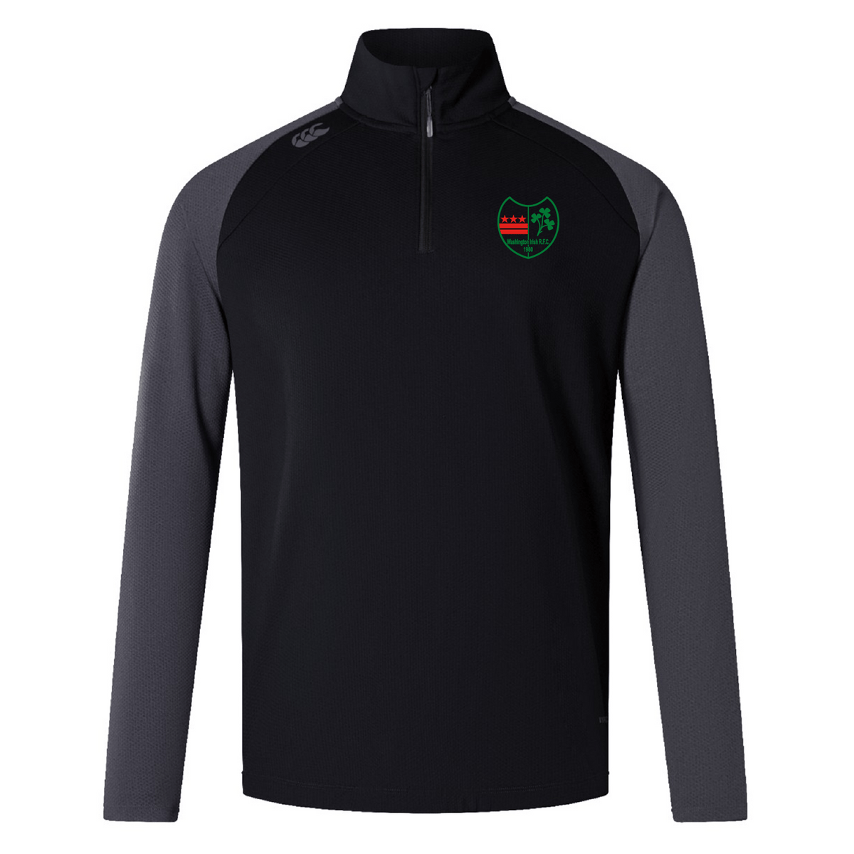 The Washington Irish Rugby Women's Elite First Layer by Canterbury, from EMB Canterbury, is a black and gray quarter-zip pullover with a green and red logo on the chest, crafted from honeycomb fabric.