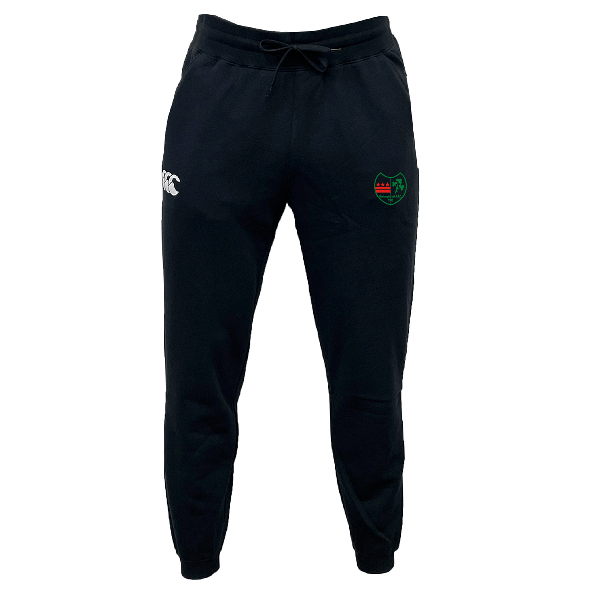 The Washington Irish Rugby Leisure Sweatpant by EMB Canterbury, crafted from organic cotton, showcases a stylish white logo on the left and a distinctive green and red emblem on the right, embodying both style and sustainability.