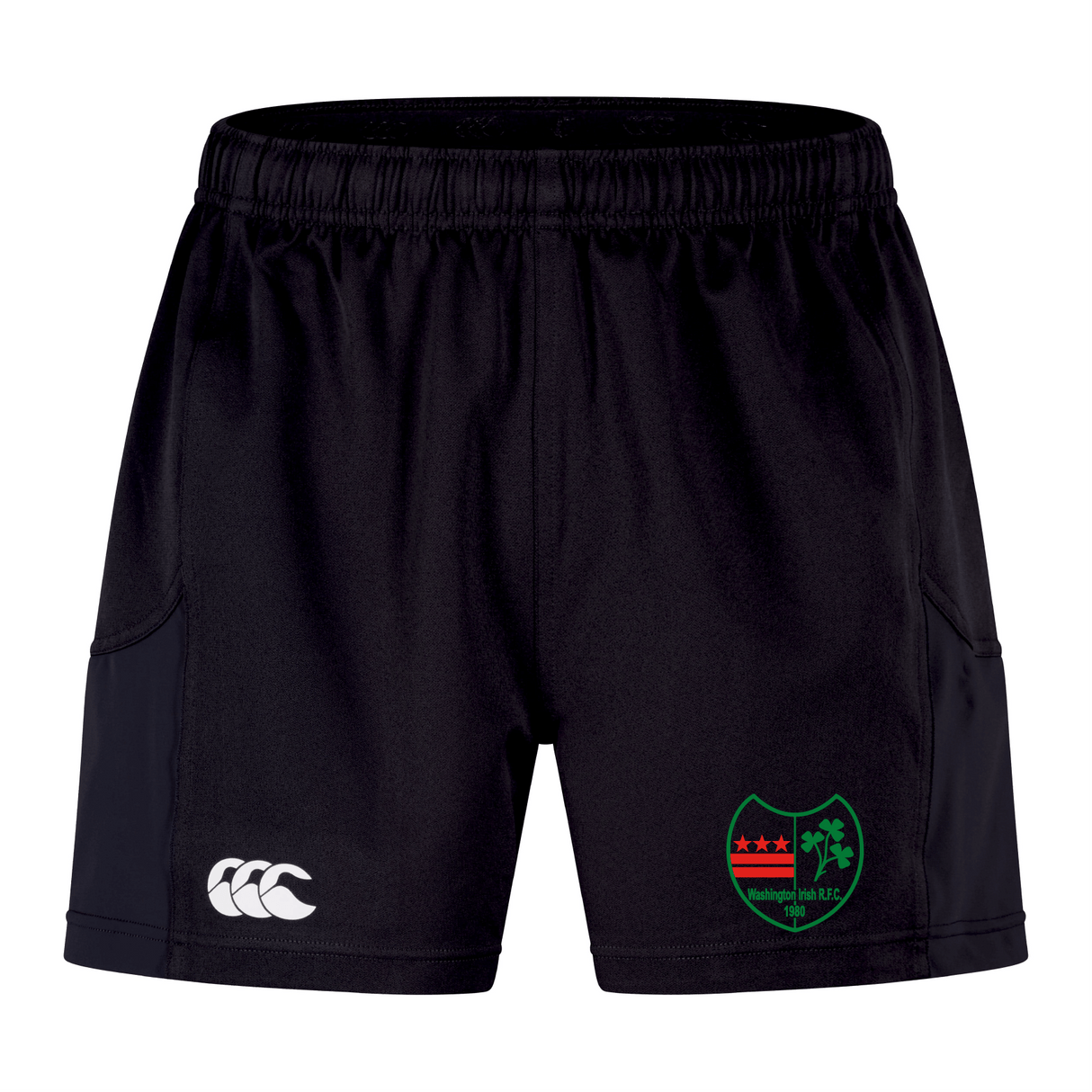 The Washington Irish Rugby Advantage Short 2.0 by EMB Canterbury features an eco-friendly design crafted from recycled materials. These performance shorts come in black with a distinctive white Canterbury logo and a green and red club emblem on the left leg.