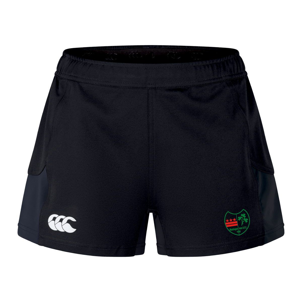 Introducing the Washington Irish Rugby Women's Advantage Short 2.0 by EMB Canterbury, these black performance shorts are designed to enhance freedom of movement and feature a white Canterbury logo on the left and a green, red, and black crest on the right.