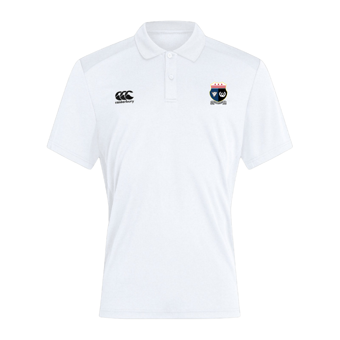 Ideal for rugby enthusiasts, the Washington Renegades Waimak Polo by Canterbury from EMB Canterbury is a white polo featuring a collar, the Canterbury logo on the left, and a shield-like emblem with text on the right. It represents both style and passion for rugby.