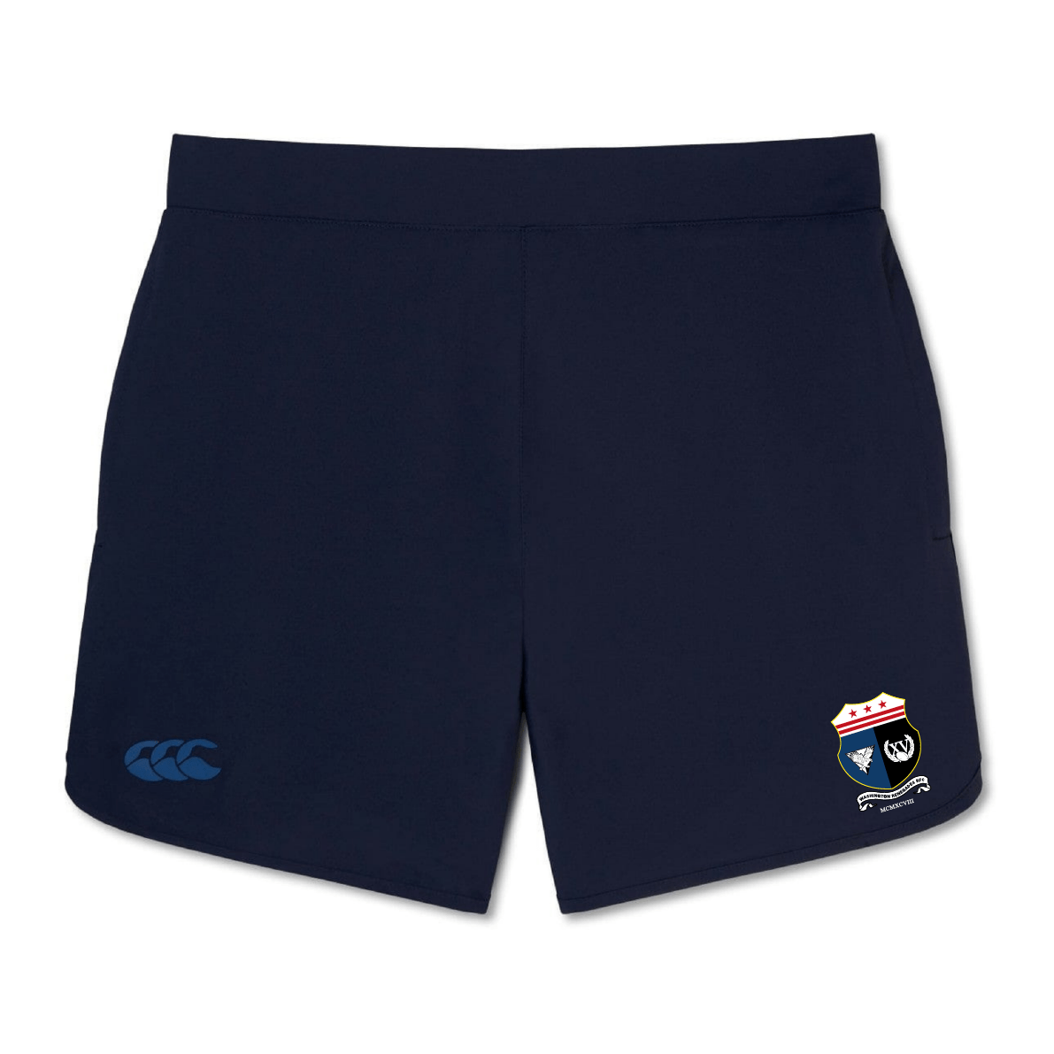 The navy blue Washington Renegades Elite Woven Short by EMB Canterbury offers lightweight comfort with an embroidered crest and logo on the front.