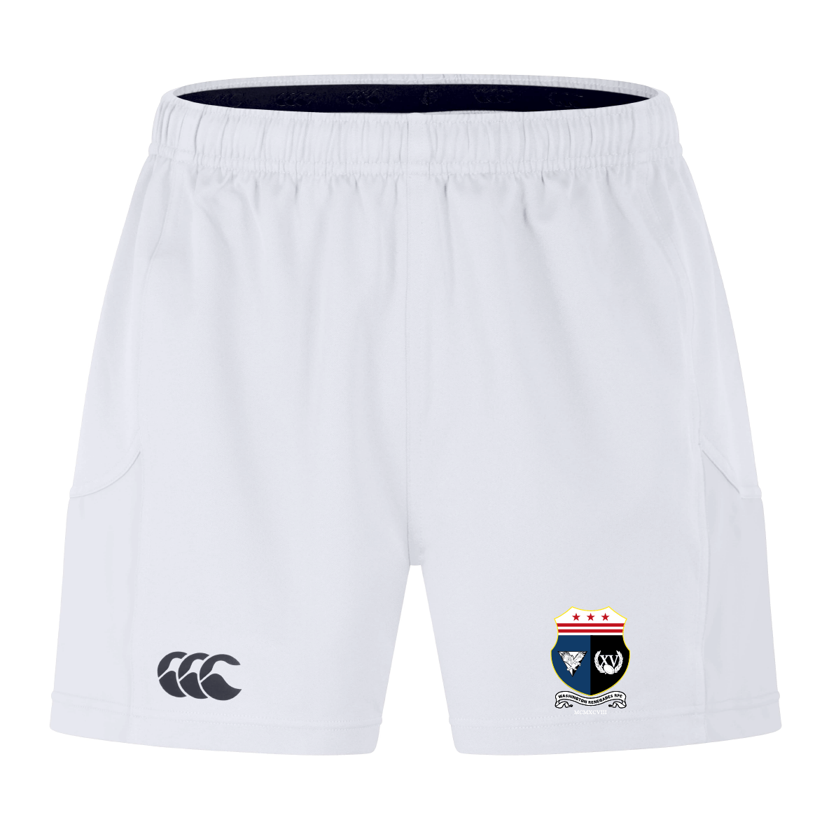 The Washington Renegades Advantage Short 2.0 by EMB Canterbury offers white performance sports shorts with a Canterbury logo on the left leg and a colorful crest on the right, combining style with sustainability. Perfect for athletes seeking an edge in their game.