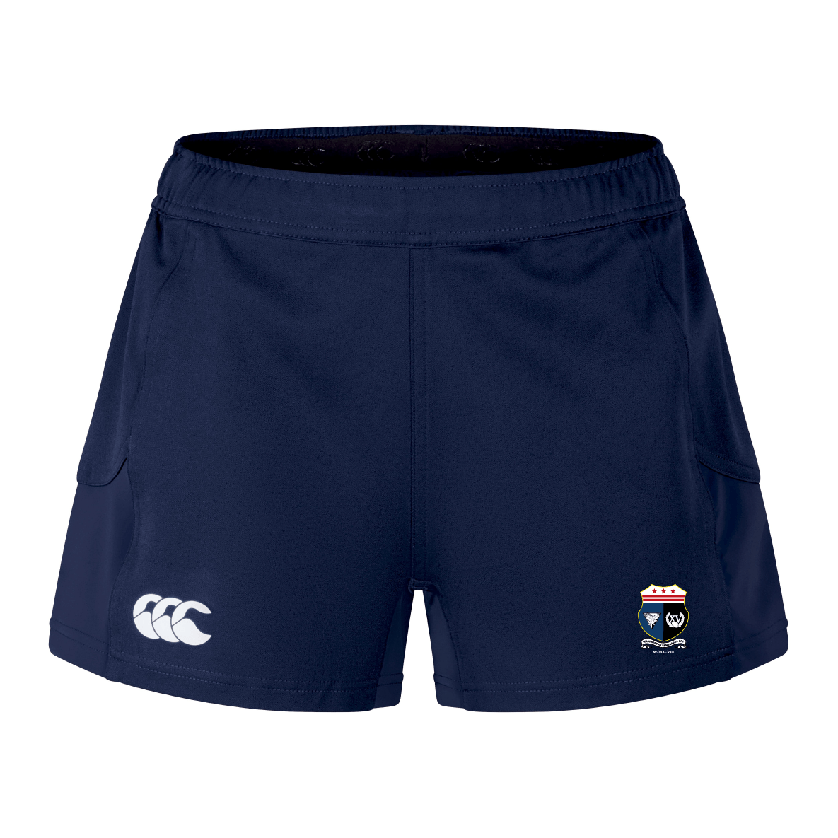 Navy blue Washington Renegades Women's Advantage Short 2.0 by EMB Canterbury, featuring a white logo on the left side and a crest on the right, crafted with a focus on performance and sustainability using recycled content.