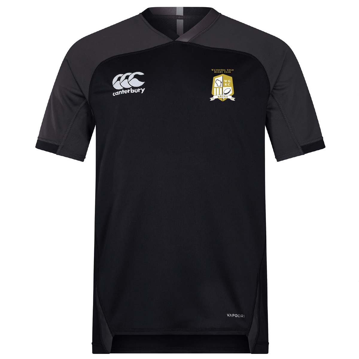 The Waukesha Gold Rugby Vapodri Evader Jersey by EMB Canterbury features a stylish black design with short sleeves, adorned with the iconic Canterbury logo on the right chest and a shield emblem on the left. Its VapoDri finish provides superior moisture-wicking technology for enhanced performance and comfort.