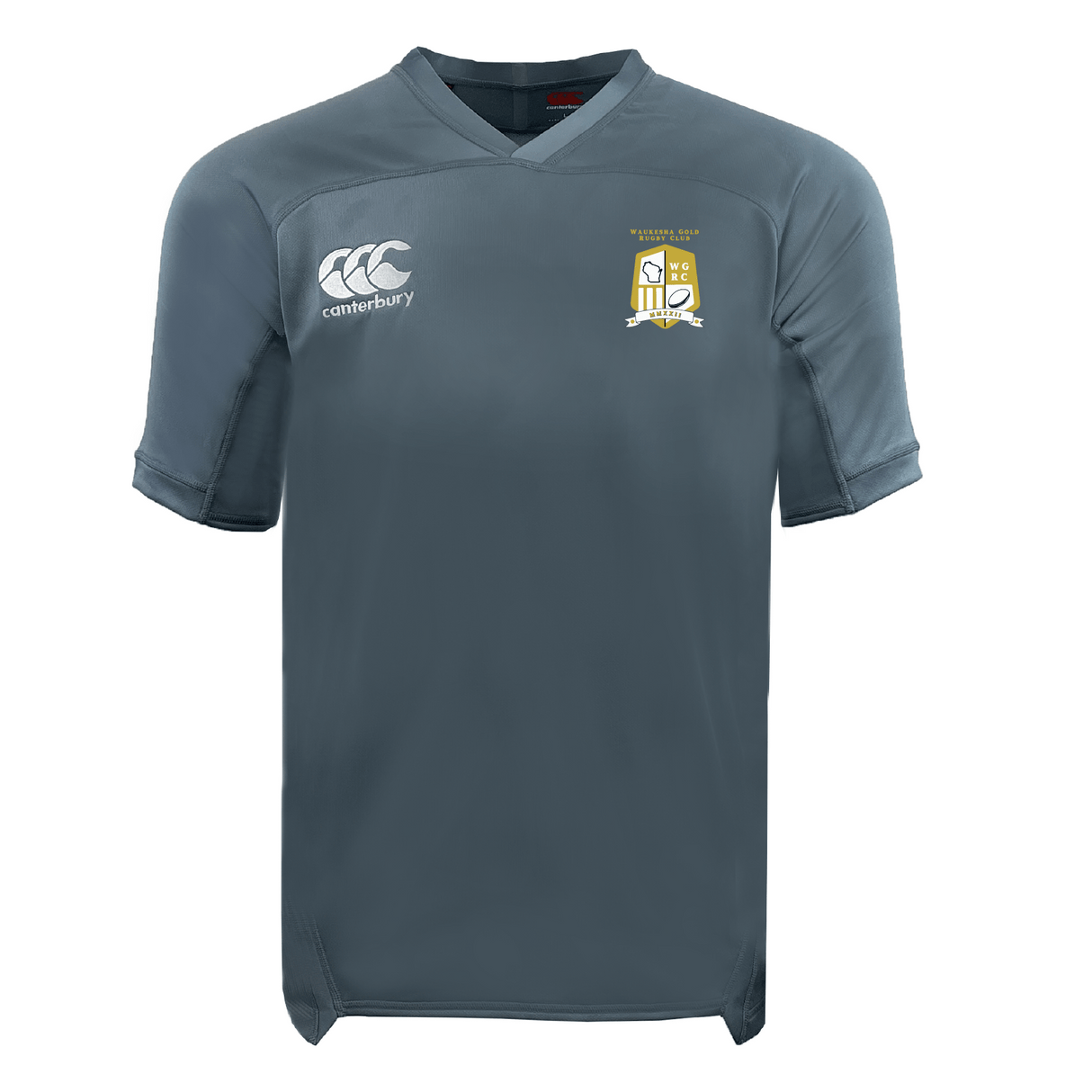 The Waukesha Gold Rugby Vapodri Evader Jersey by EMB Canterbury is a gray sports jersey featuring the distinctive Canterbury logo on the right chest and an embroidered emblem on the left. It has short sleeves and a V-neck design, enhanced with VapoDri moisture-wicking technology to ensure optimal comfort.