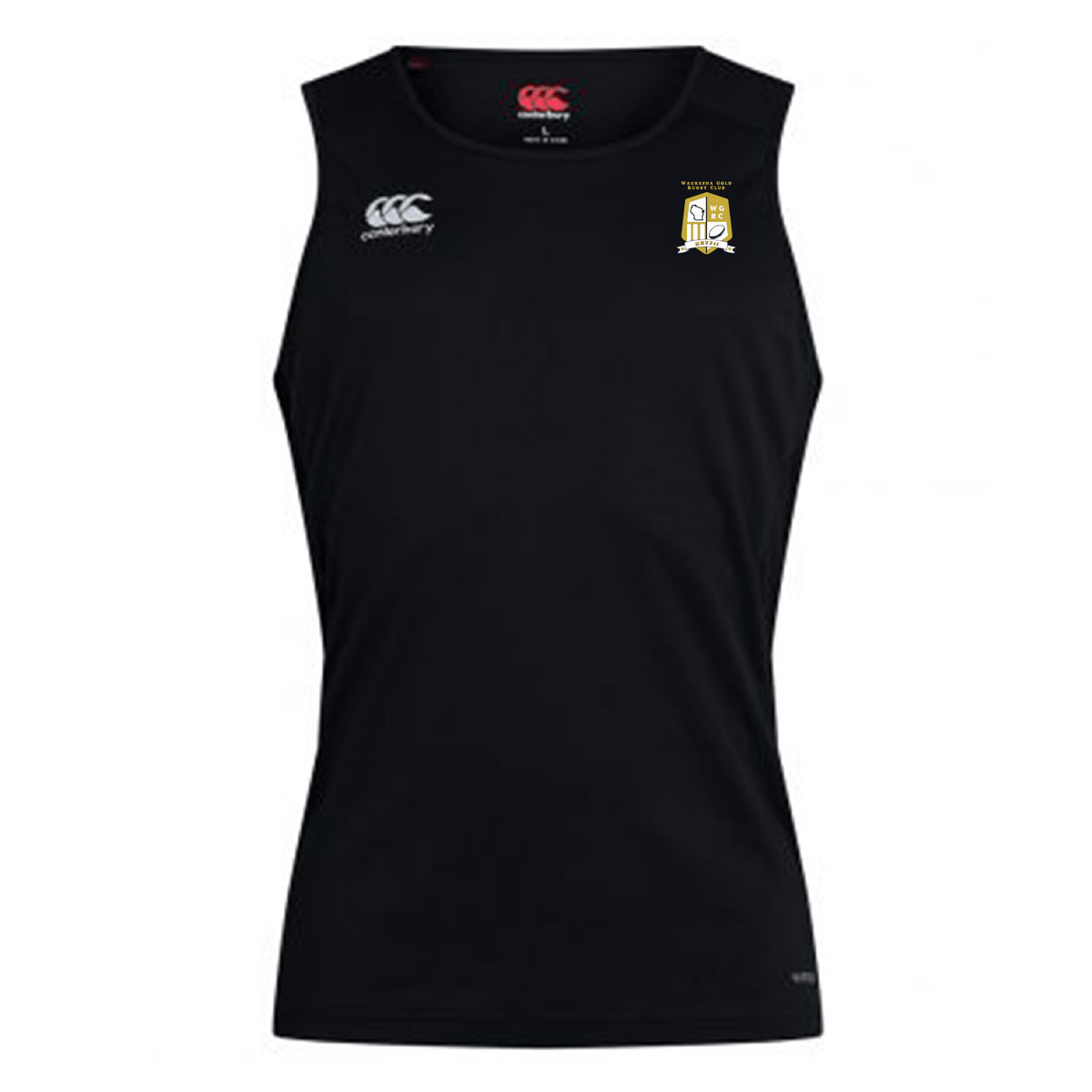 Waukesha Gold Rugby Club Dry Singlet by EMB Canterbury: A black sleeveless singlet equipped with Vapodri Technology, accented by a white logo and emblem on the chest. Ideal athletic gear for your training sessions.