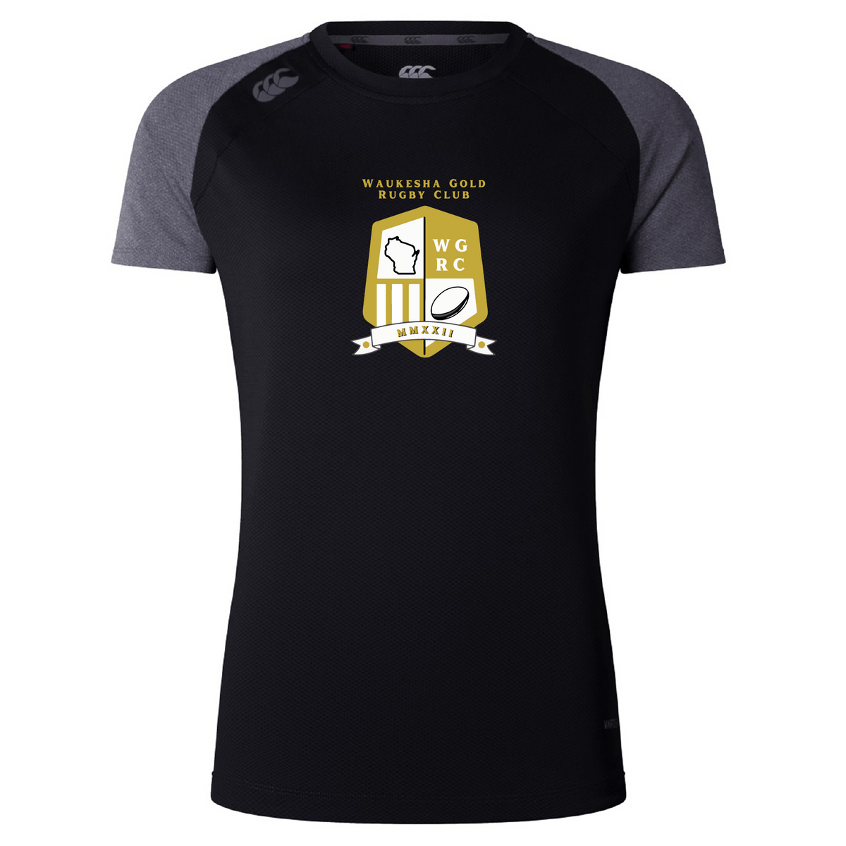 WRS Canterbury's Waukesha Gold Rugby Women's Elite Training Tee is a black and gray short-sleeve jersey made from recycled polyester, featuring "Waukesha Gold Rugby Club" and a rugby ball with shield logo on the front.