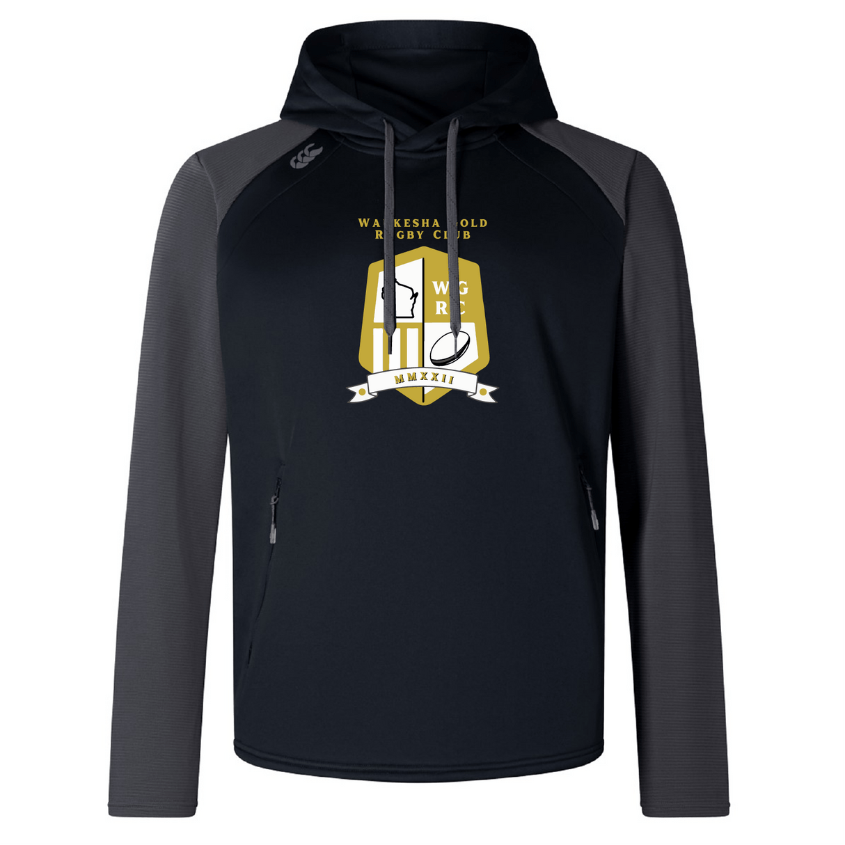 Introducing the Waukesha Gold Rugby Elite Training Hoody by Canterbury, a black and gray masterpiece from WRS Canterbury, engineered for performance and comfort. Featuring the Warkensha Gold Rugby Club emblem with a distinctive yellow and white shield and text, this hoody is crafted from premium fabrics to elevate your athletic experience.