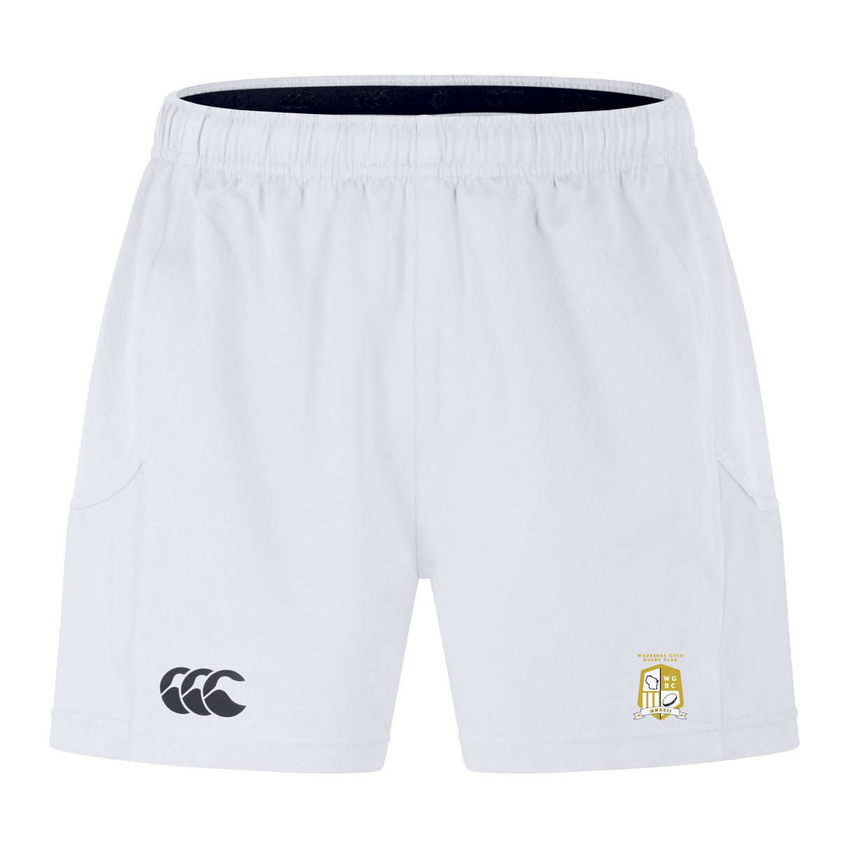 The Waukesha Gold Rugby Advantage Short 2.0 by EMB Canterbury features a sleek design with a logo on the left leg and an emblem on the right, made with recycled materials to boost your performance.