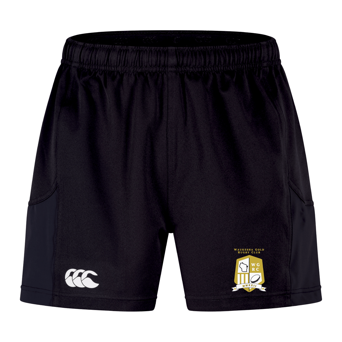 The Waukesha Gold Rugby Advantage Short 2.0 by EMB Canterbury, made with recycled materials, displays the EMB Canterbury logo on the left leg and a yellow and white emblem on the right leg, merging sustainability with style.