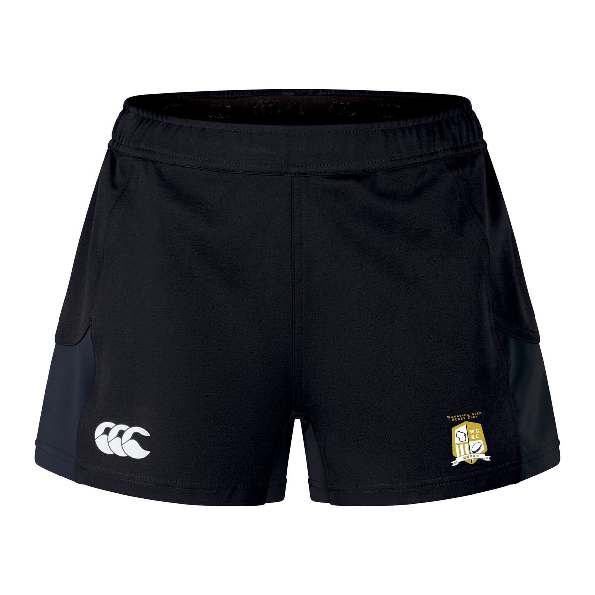 The Waukesha Gold Rugby Women's Advantage Short 2.0 by EMB Canterbury, crafted for performance, showcases a white logo on the left hem and a yellow crest on the right. Made with recycled materials, these shorts reflect a commitment to sustainability while providing ultimate comfort and style.