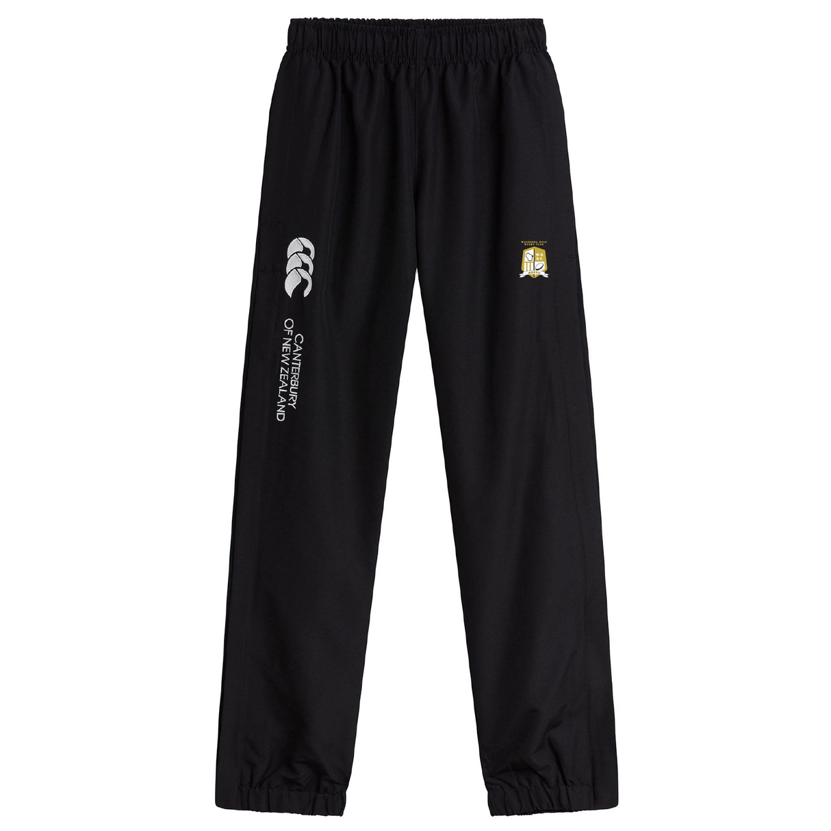 The Waukesha Gold Rugby Cuffed Hem Stadium Pant by Canterbury from EMB Canterbury features a black design with cuffed hems and an elastic waistband, prominently displaying the Canterbury logo on both the front left and right sides.
