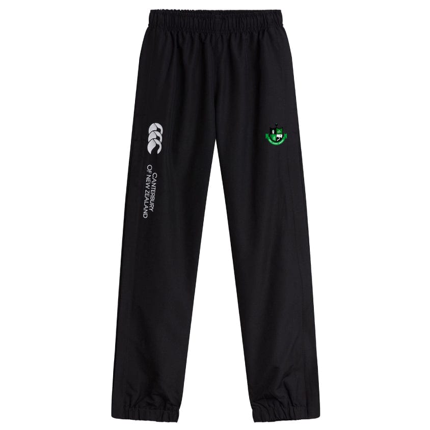 The Eno River Rugby Cuffed Hem Stadium Pant by Canterbury, crafted by EMB Canterbury, features an elastic waistband and showcases the Canterbury of New Zealand logo along with a green crest on the right side. Finished with a cuffed hem for a sporty look.
