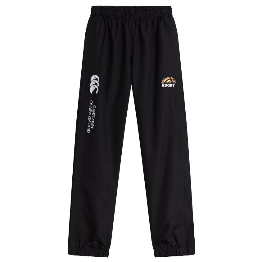 Western Michigan University Men's Rugby Cuffed Hem Stadium Pant by EMB Canterbury features black athletic pants with an elastic waistband, Canterbury of New Zealand logos, and cuffed hems; ideal for sport or casual wear.