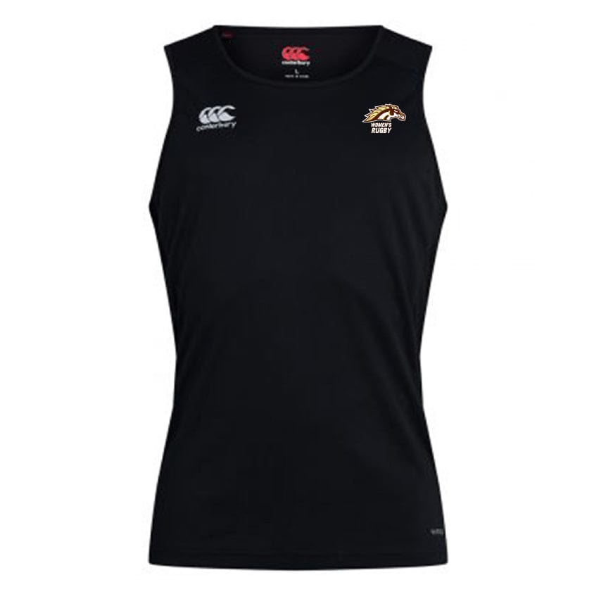 Western Michigan University Women's Rugby Club Dry Singlet by Canterbury in black, featuring Vapodri Technology and a subtle horse logo with the word "Rugby" on the upper right side.