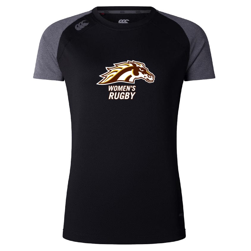 The Western Michigan University Women's Elite Training Tee by Canterbury, designed by WRS Canterbury, features a horse logo and "Women's Rugby" text on the front. This black and gray short-sleeve tee is made from lightweight fabric for quick drying performance.