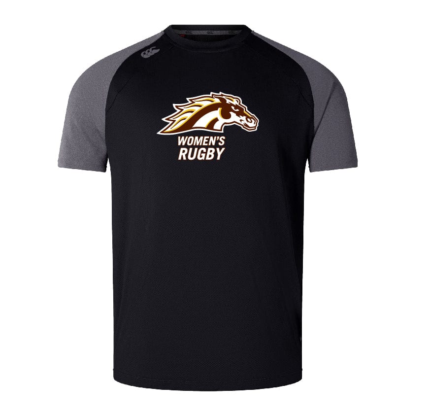 The Western Michigan University Women's Rugby Elite Training Tee by WRS Canterbury is crafted from durable Vapodri fabrics in black and gray, and showcases a horse logo along with the text "Women's Rugby" on the front.