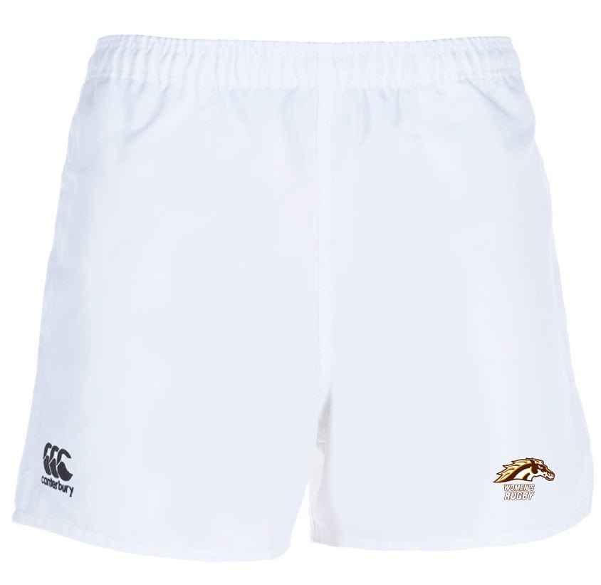 The Western Michigan University Women's Rugby Advantage Short 2.0 by EMB Canterbury are white, showcasing a horse's head logo along with the "Western Michigan" text on the front. These shorts are designed for performance and crafted with sustainability in mind.