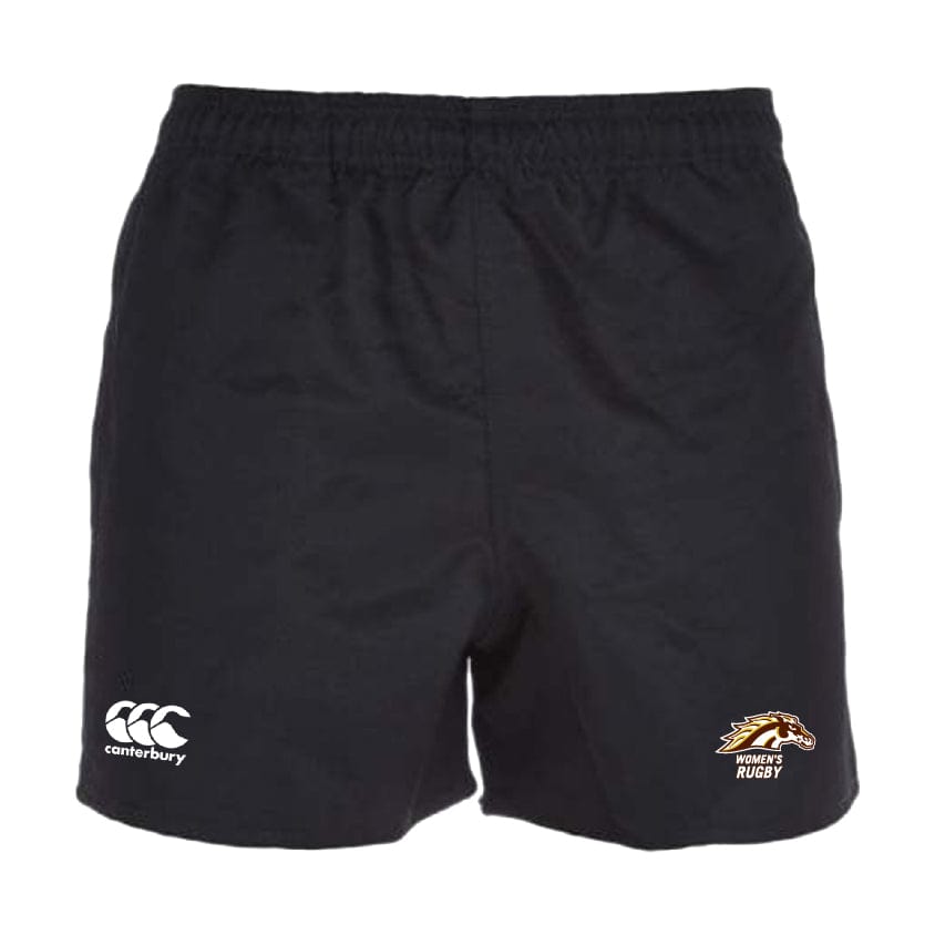The Western Michigan University Women's Rugby Advantage Short 2.0 by EMB Canterbury delivers exceptional performance with a Canterbury logo on the left and a "Women's Rugby" logo on the right. These black rugby shorts are thoughtfully designed for sustainability, ensuring they are both eco-friendly and durable, perfect for any match.