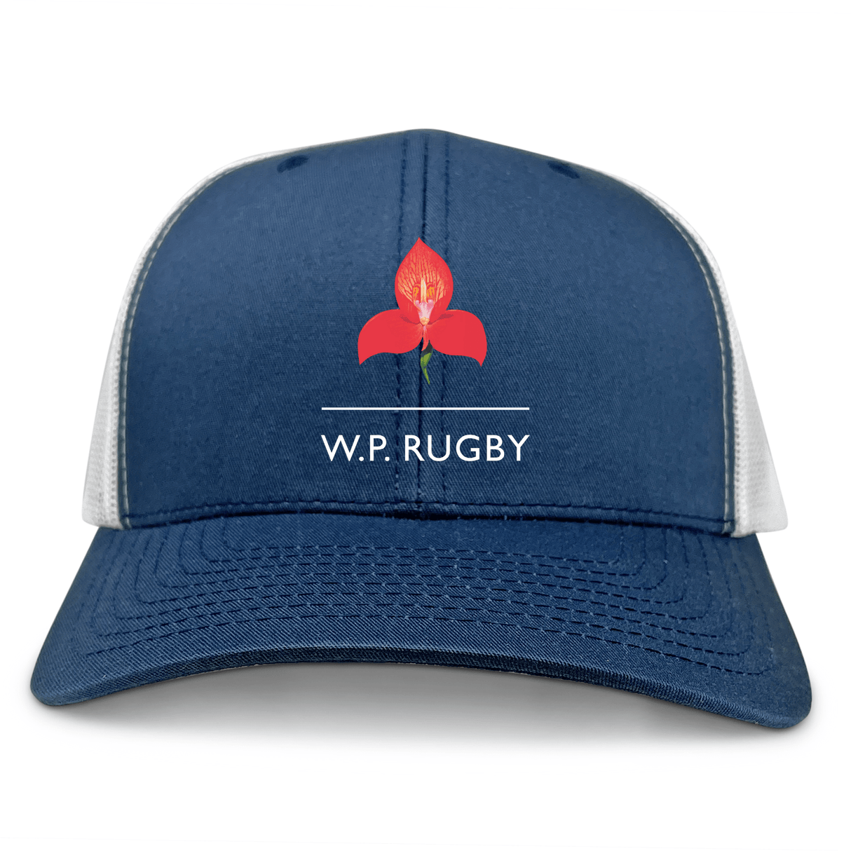 The Western Province Retro Trucker Cap by EMB S&S Activewear features a blue and white design with a red flower and "WP Rugby" text on the front, offering classic retro style.