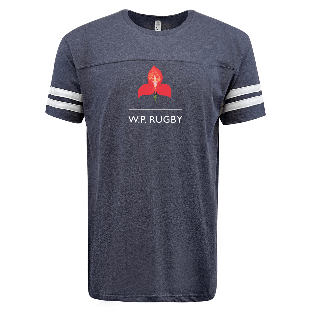 The Western Province Football T-shirt by WRS LAT is a navy tee adorned with white stripes on the sleeves, featuring a red flower in the center above the text "W.P. Rugby," making it essential for rugby enthusiasts.
