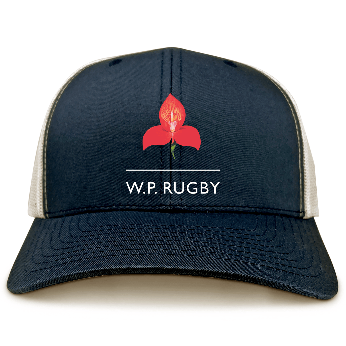 The Western Province Retro Trucker Cap by EMB S&S Activewear features a navy and white design with a red flower logo and "W.P. RUGBY" on the front—ideal for WP Rugby fans.