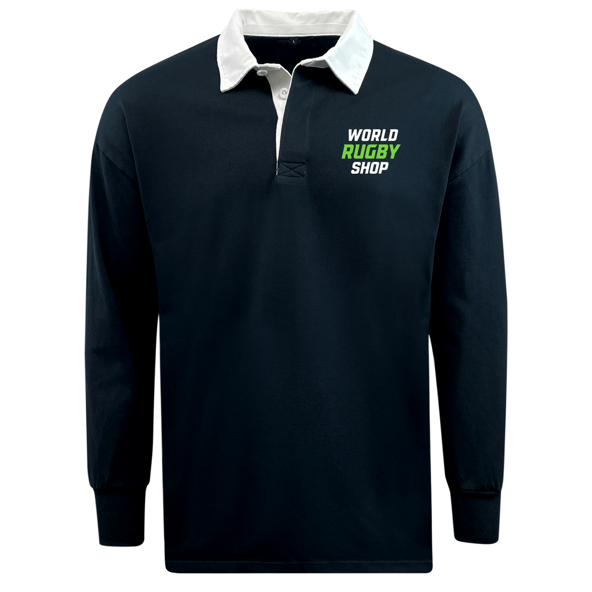 A classic rugby jersey, the EMB Mudoo World Rugby Shop Classic Long Sleeve Solid Rugby Jersey is a black long-sleeve shirt with a white collar that features "World Rugby Shop" text on the chest and is made from a medium-weight cotton/poly blend.