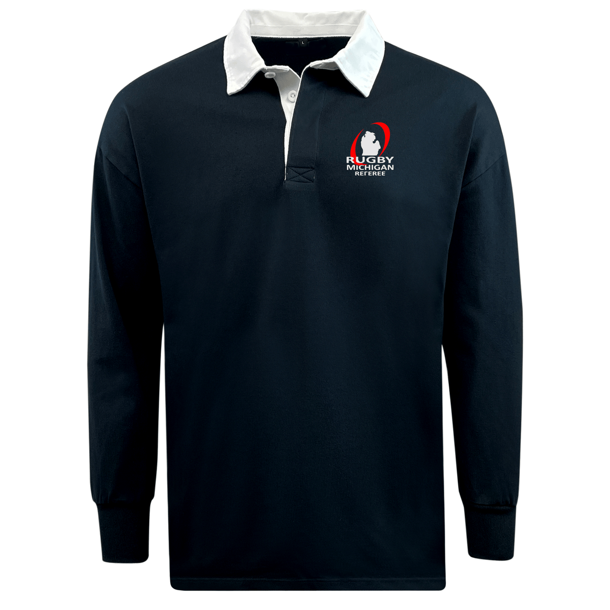 The EMB Mudoo Rugby Michigan Referee Society Classic Long Sleeve Solid Rugby Jersey is designed in navy with a white collar, showcasing the "Rugby Michigan Referee" logo on the left chest. It is crafted from a durable cotton/poly blend for enhanced comfort and versatile style.