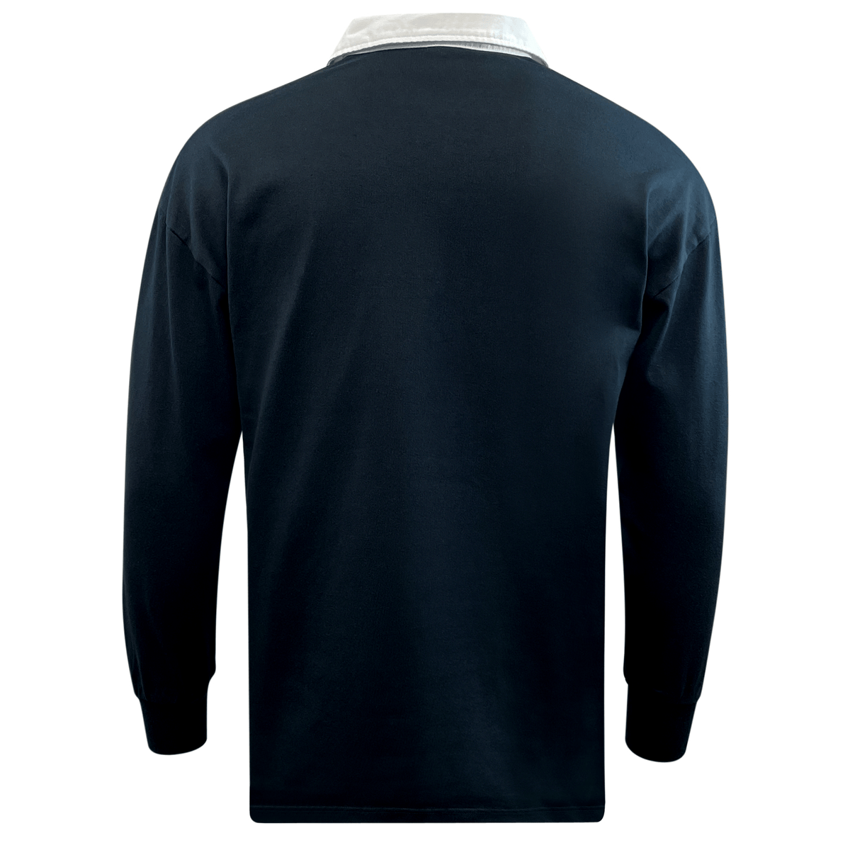 The EMB Mudoo Nations of Rugby South Africa Brush Stroke Classic Jersey 24 features long sleeves, a navy design with a white collar, and is shown from the back against a white background—ideal for rugby fans.