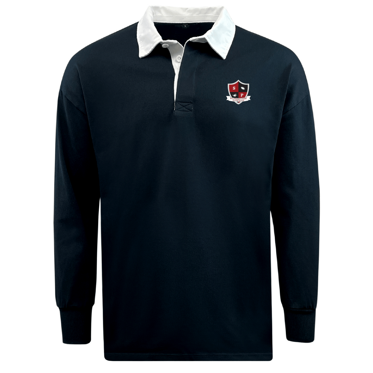 The Southern Pines Youth Rugby Classic Long Sleeve Jersey by EMB Mudoo features a black body, white collar, and red and white shield logo on the left chest. Crafted from a soft cotton/poly blend, it offers ultimate comfort.