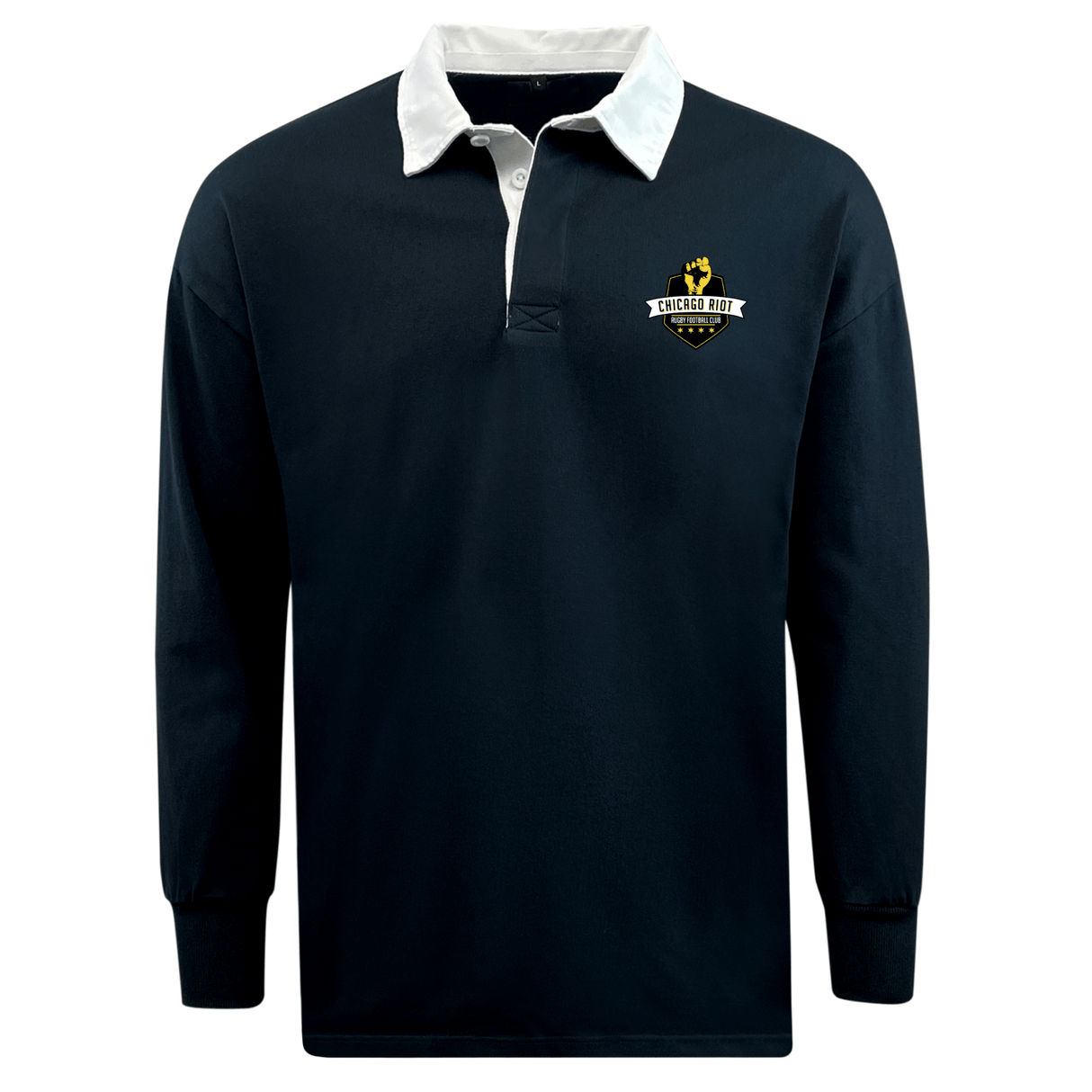 The EMB Mudoo Chicago Riot Classic Long Sleeve Solid Rugby Jersey features a navy blue cotton design, white collar, and Chicago HAWX logo on the left chest, inspired by timeless rugby styles.