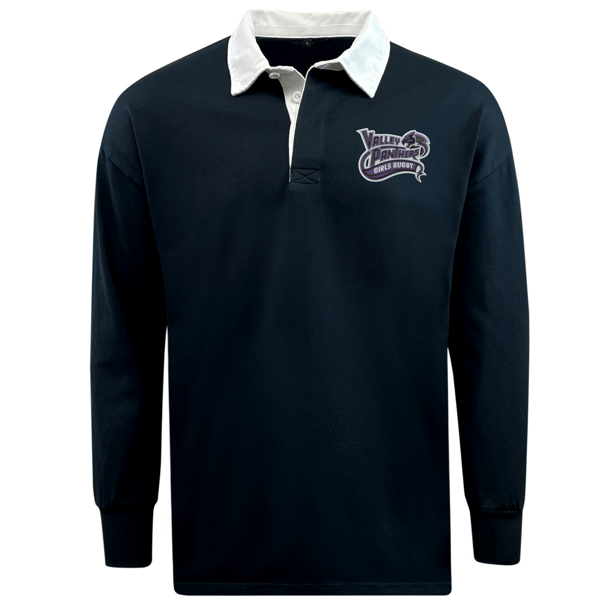 The Valley Panthers Girls Rugby Classic Long Sleeve Solid Rugby Jersey by EMB Mudoo is crafted from soft cotton in navy blue, featuring a white collar, button placket, and the “Valley Panthers Grass Rugby” logo on the left chest—a timeless rugby shirt perfect for any fan.