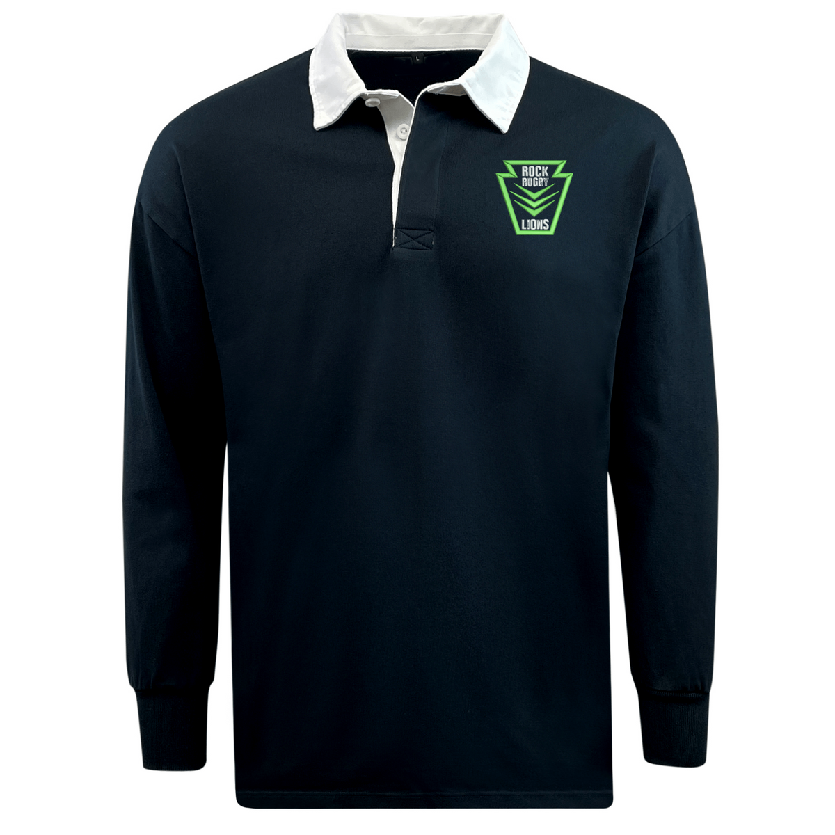 EMB Mudoo Rock Rugby Classic Long Sleeve Solid Rugby Jersey in classic navy with a white collar and a green “Rock Rugby Lions” shield logo on the chest.