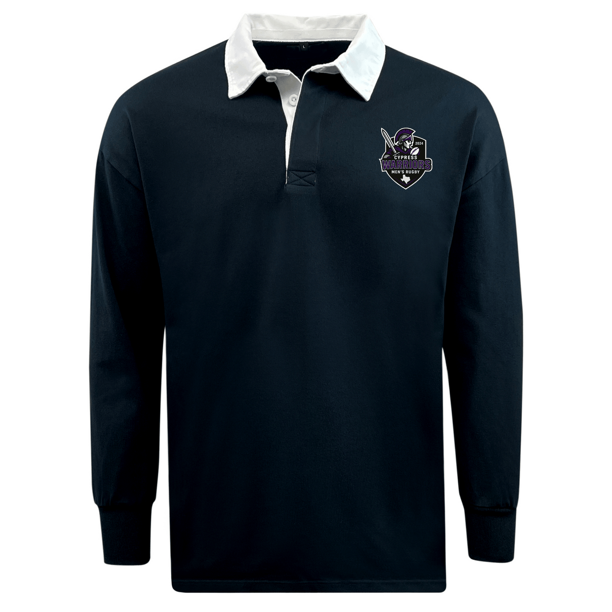 The EMB Mudoo Cypress Warriors Men's Rugby Classic Long Sleeve Solid Rugby Jersey is black with a white collar and features a small embroidered sword and shield logo patch on the left chest.