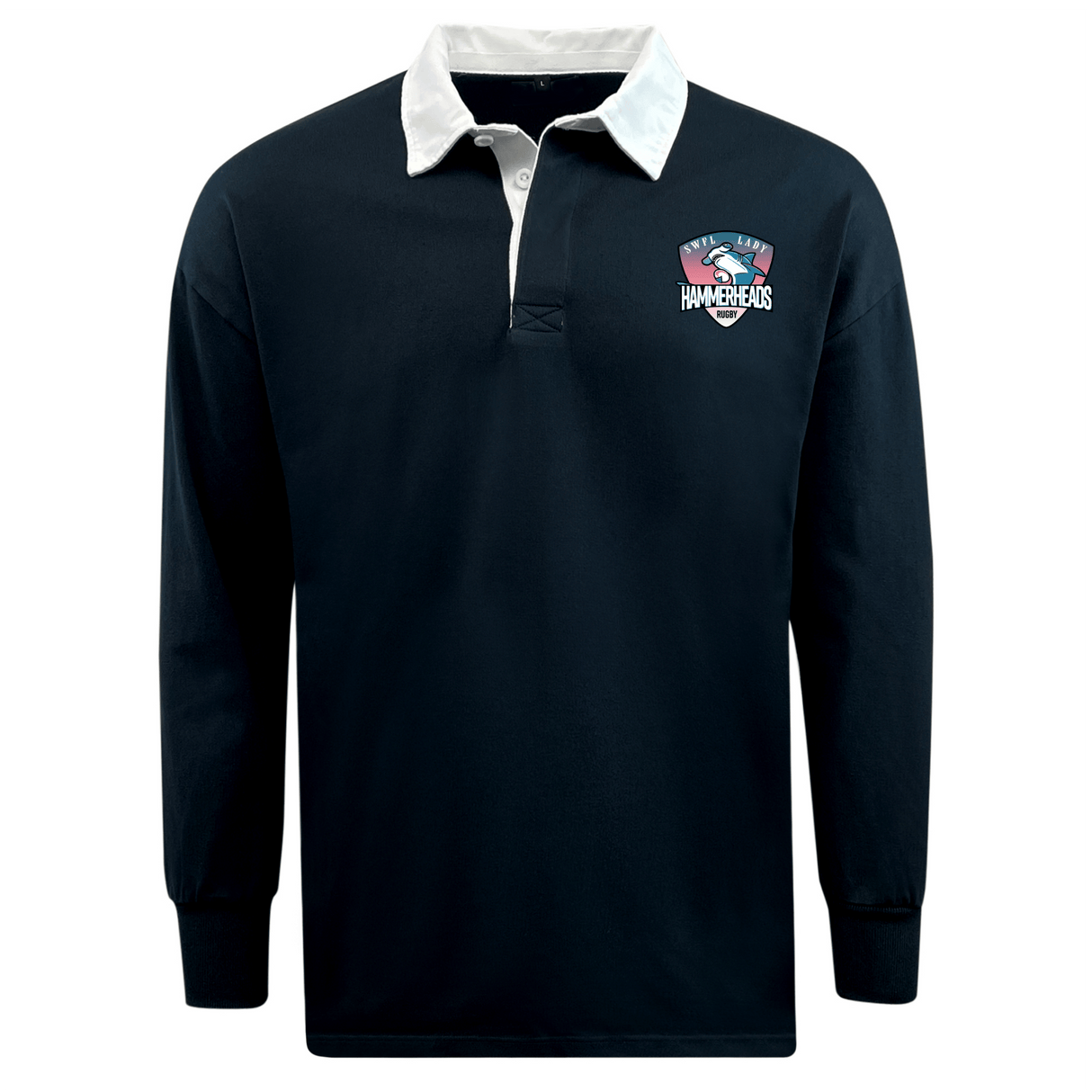 The WRS Mudoo SWFL Lady Hammerheads Classic Long Sleeve Solid Rugby Jersey is a black shirt with a white collar and a bold shark-themed "Hammerheads" logo on the left chest.