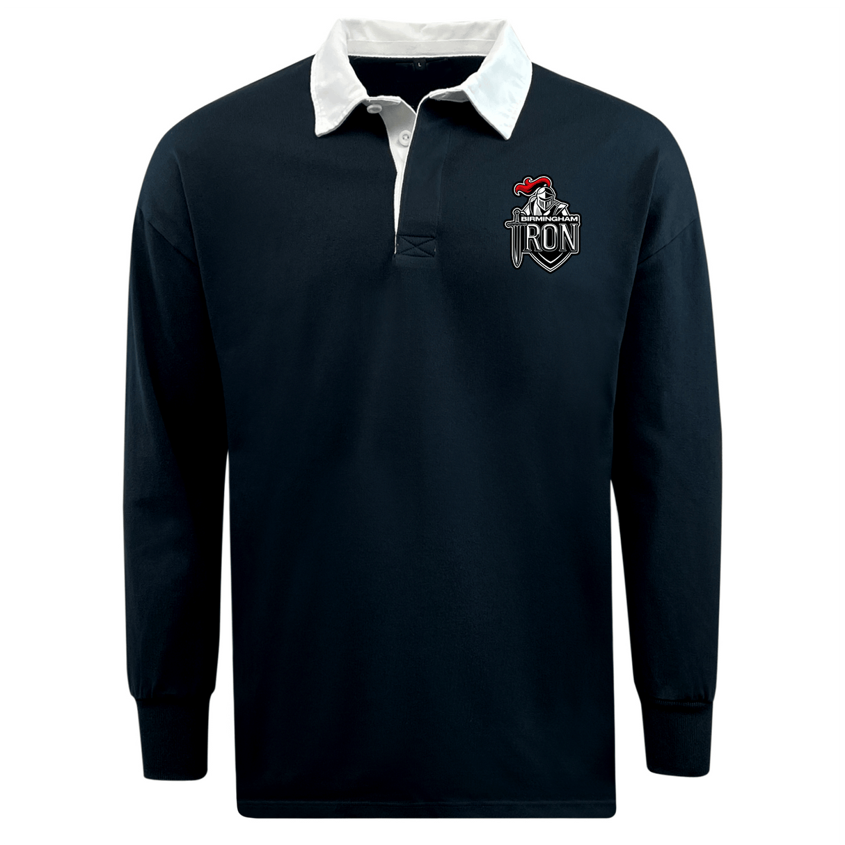 The EMB Mudoo Birmingham Iron Women's Football Classic Long Sleeve Solid Rugby Jersey features a black design with a white collar and a Tron helmet with red plume on the left chest for bold style.