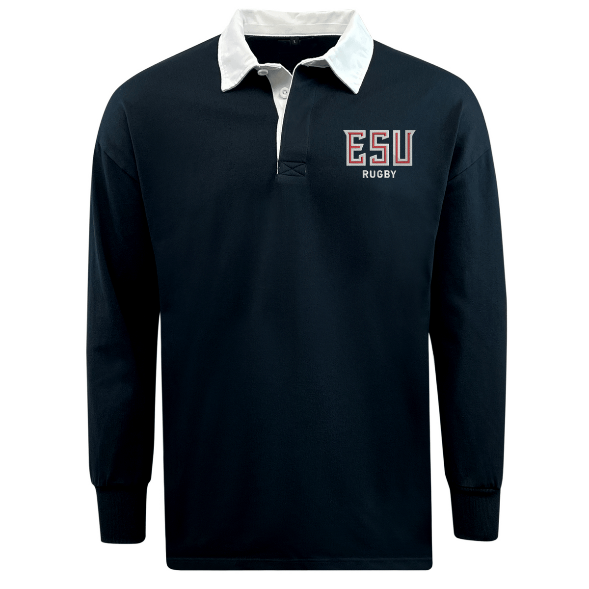 The EMB Mudoo East Stroudsburg University Classic Long Sleeve Solid Rugby Jersey is navy with a white collar and "ESU Rugby" embroidered in red, white, and blue on the left chest.